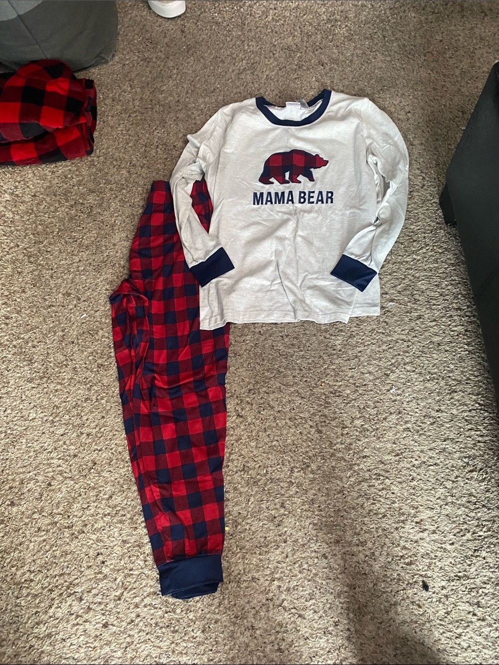 dearfoams White Top with Red & Navy Plaid Mama Bear Pajama Set